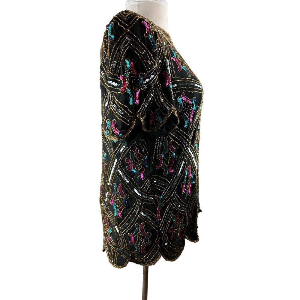 Vintage Papell Boutique Silk Sequin Beaded Embellished Top Black Plus Size 2X - Picture 5 of 12